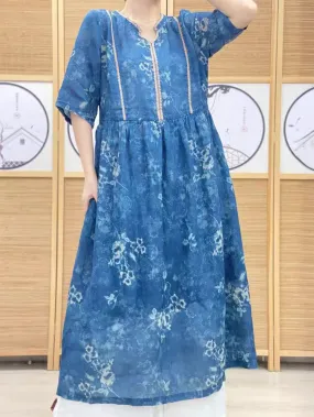 FLYTONN- Women Summer Artsy Floral V-Neck Ramie Dress PP1010