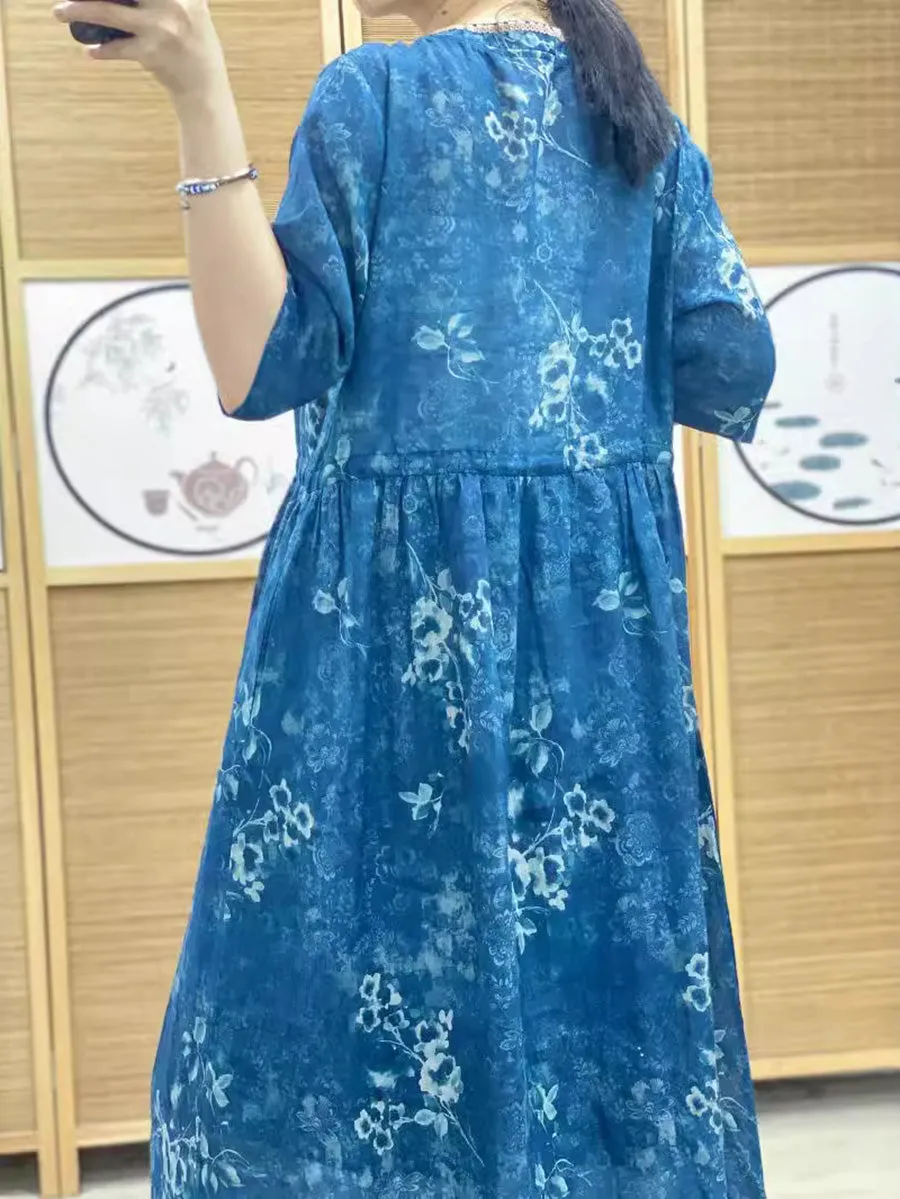 FLYTONN- Women Summer Artsy Floral V-Neck Ramie Dress PP1010