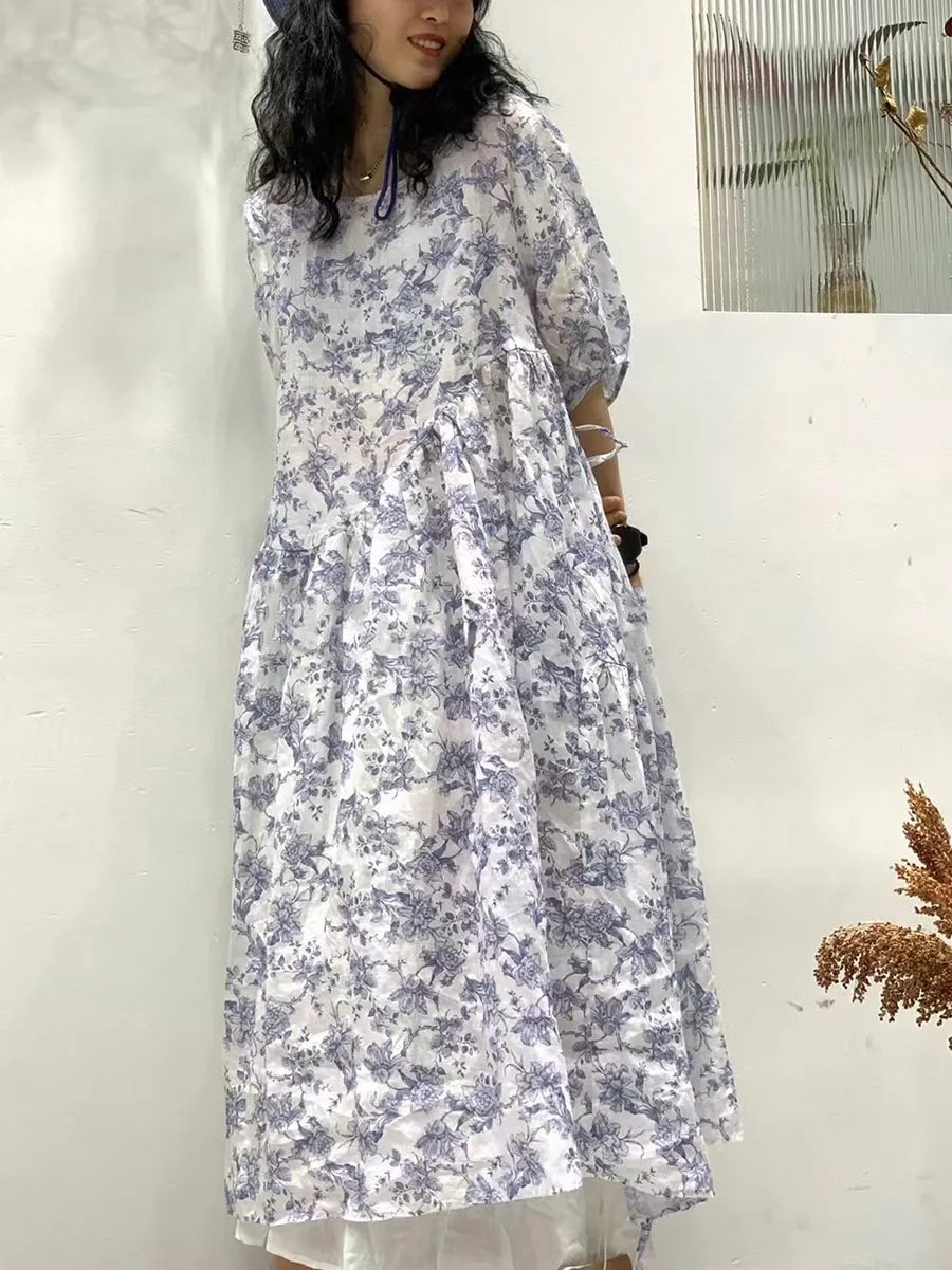 FLYTONN- Women Summer Artsy Florla O-neck Loose Ramie Dress TY1035