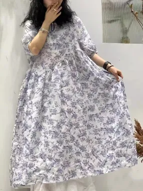 FLYTONN- Women Summer Artsy Florla O-neck Loose Ramie Dress TY1035