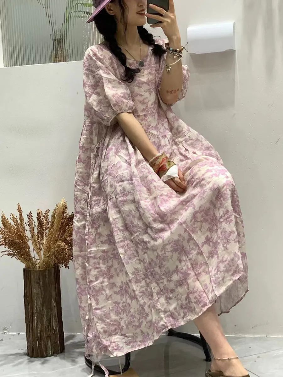 FLYTONN- Women Summer Artsy Florla O-neck Loose Ramie Dress TY1035