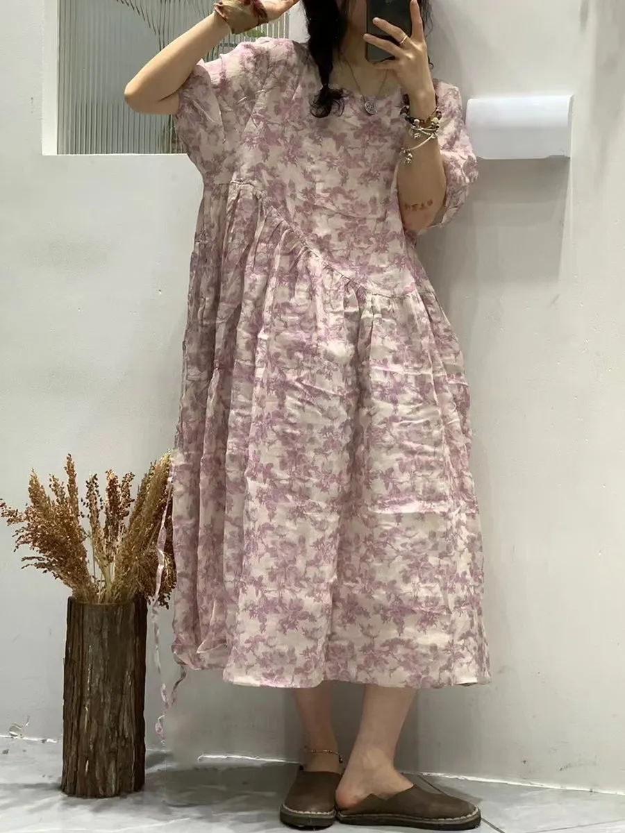FLYTONN- Women Summer Artsy Florla O-neck Loose Ramie Dress TY1035