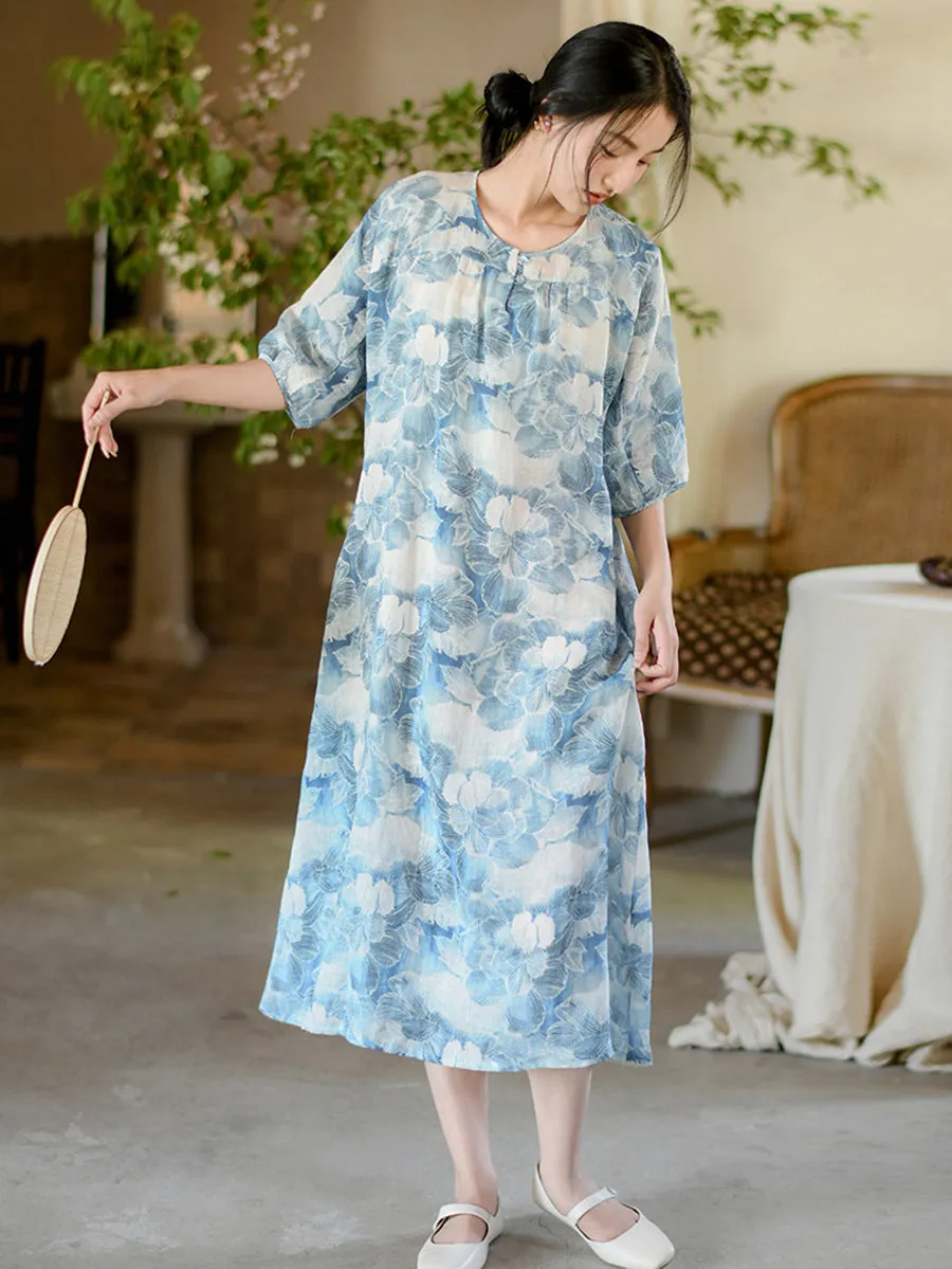 FLYTONN- Women Summer Artsy Flower Print Loose Ramie Dress OO1025