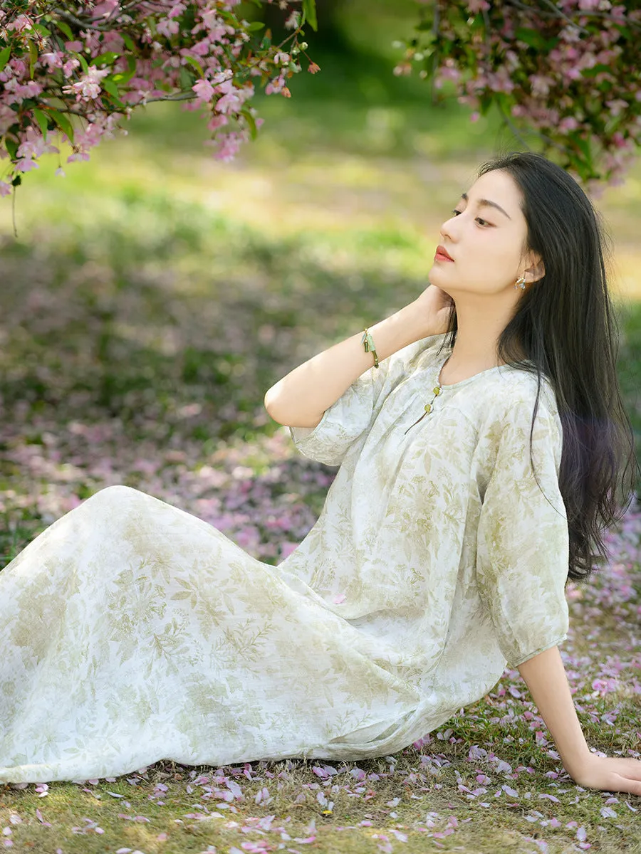 FLYTONN- Women Summer Artsy Flower Print Loose Ramie Dress OO1025