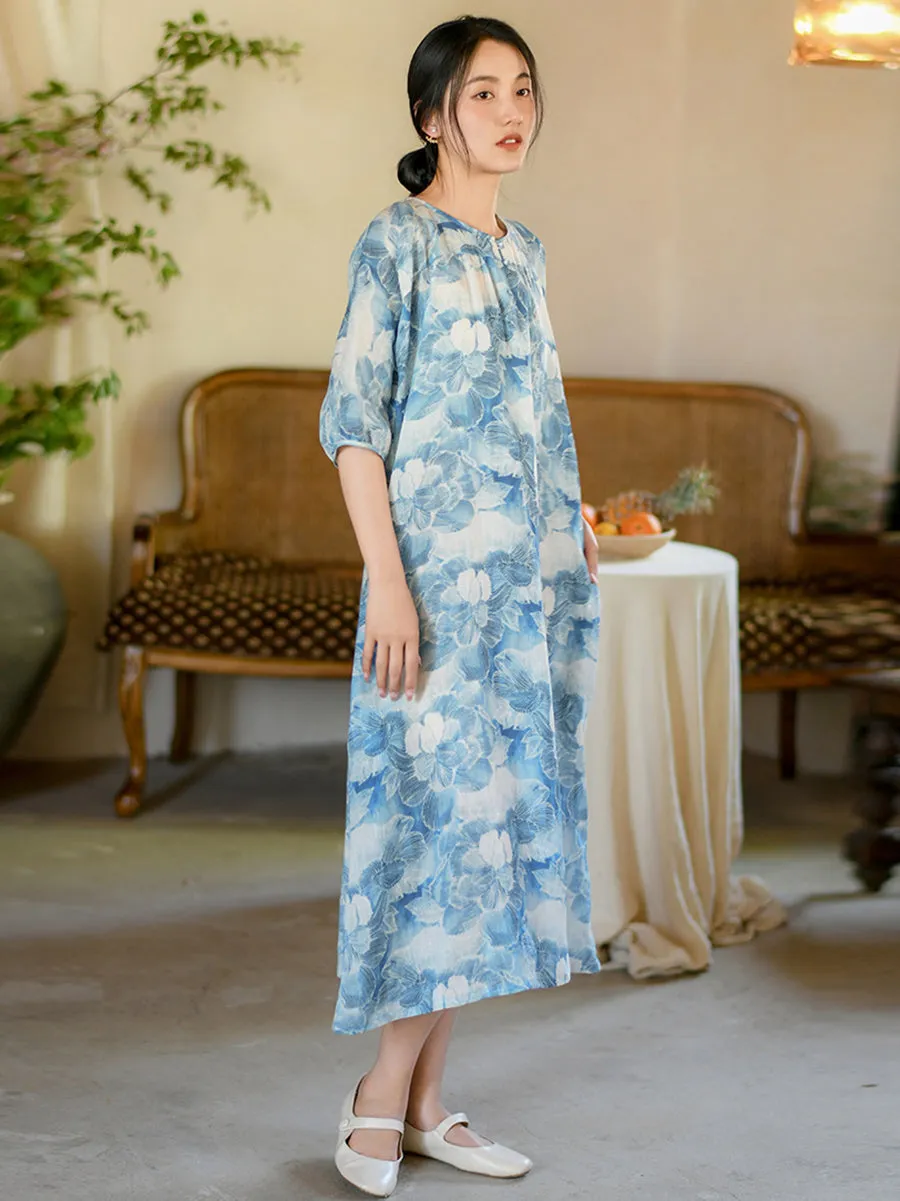 FLYTONN- Women Summer Artsy Flower Print Loose Ramie Dress OO1025
