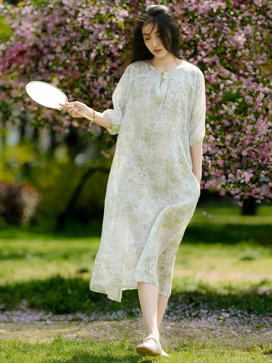 FLYTONN- Women Summer Artsy Flower Print Loose Ramie Dress OO1025