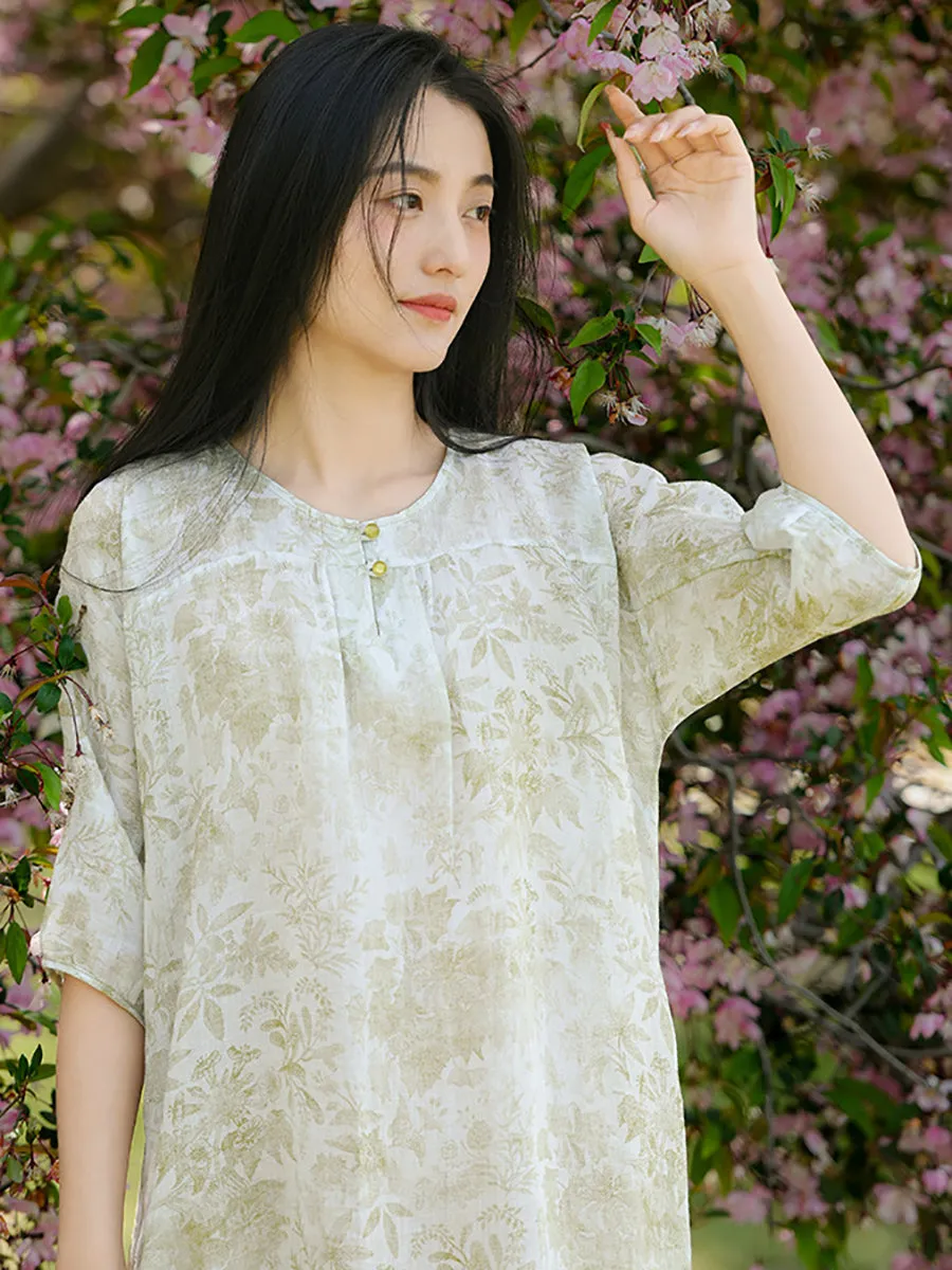 FLYTONN- Women Summer Artsy Flower Print Loose Ramie Dress OO1025