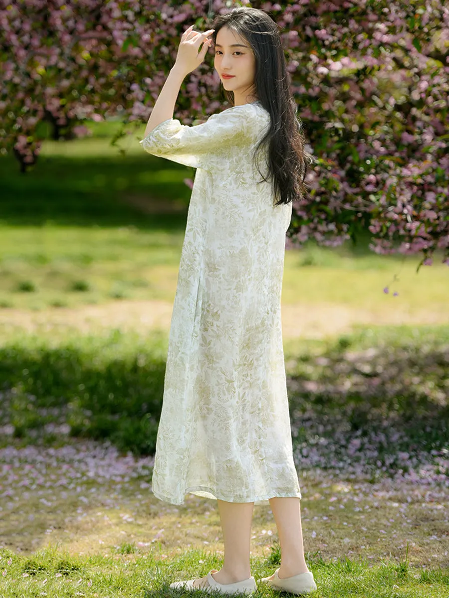 FLYTONN- Women Summer Artsy Flower Print Loose Ramie Dress OO1025