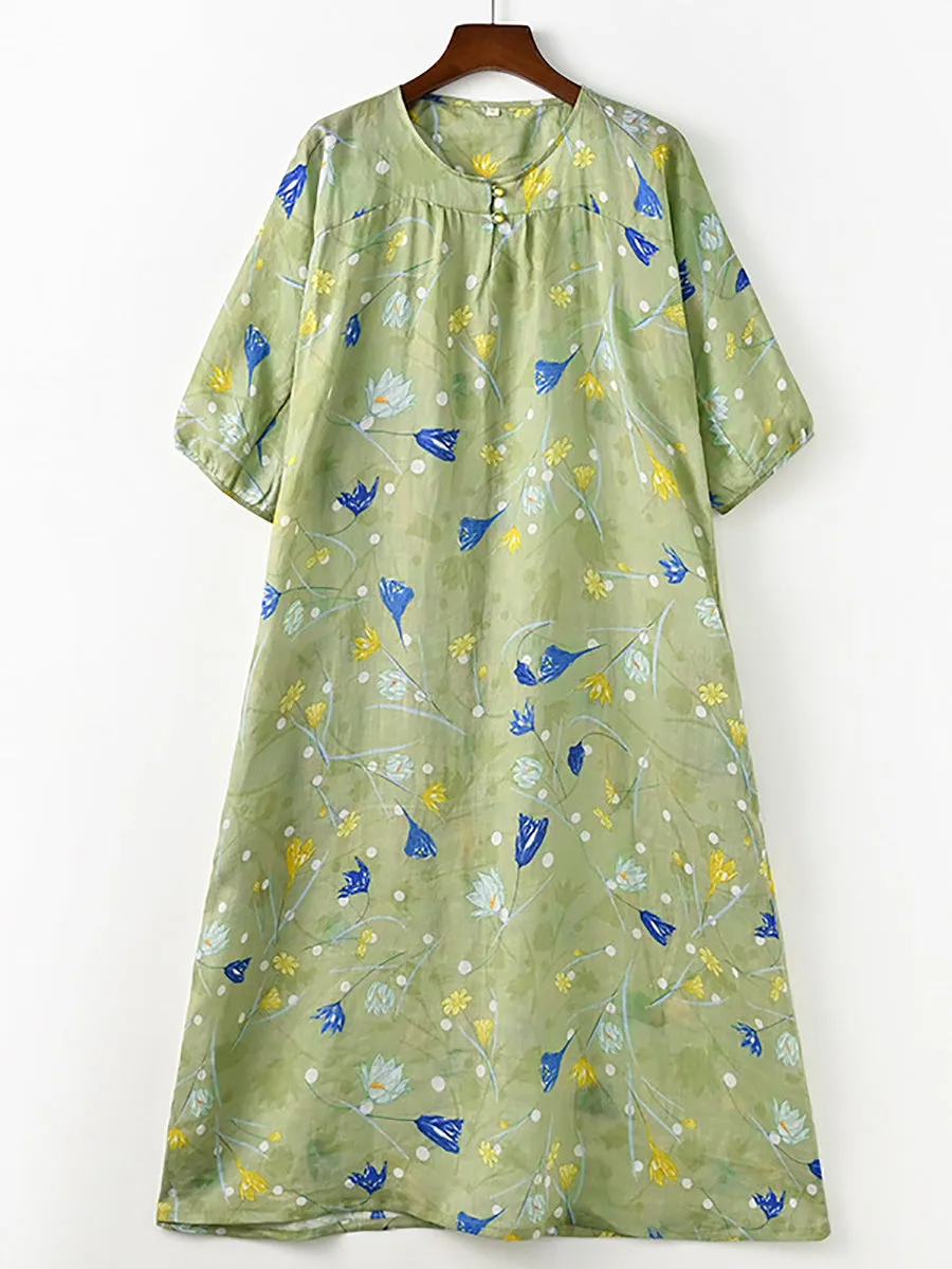 FLYTONN- Women Summer Artsy Flower Print Loose Ramie Dress OO1025