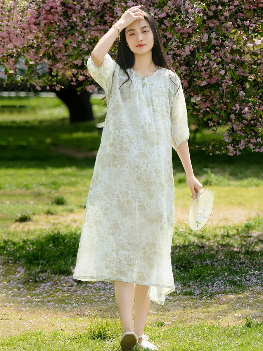 FLYTONN- Women Summer Artsy Flower Print Loose Ramie Dress OO1025