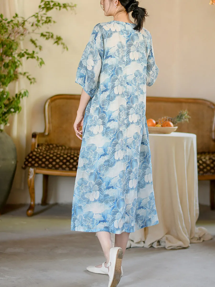 FLYTONN- Women Summer Artsy Flower Print Loose Ramie Dress OO1025
