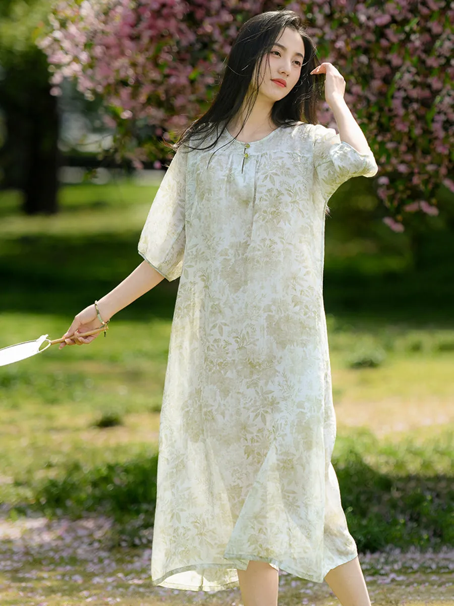 FLYTONN- Women Summer Artsy Flower Print Loose Ramie Dress OO1025