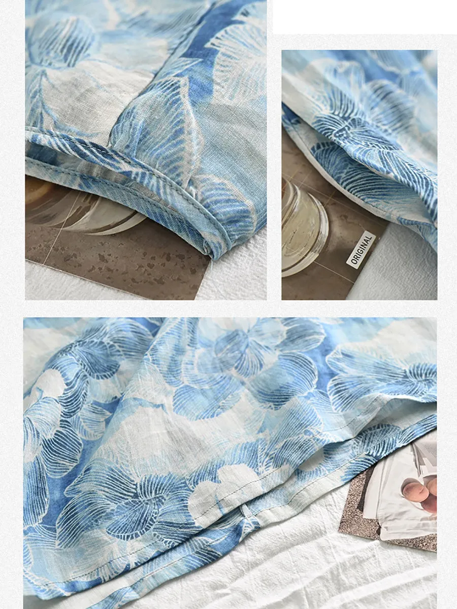 FLYTONN- Women Summer Artsy Flower Print Loose Ramie Dress OO1025