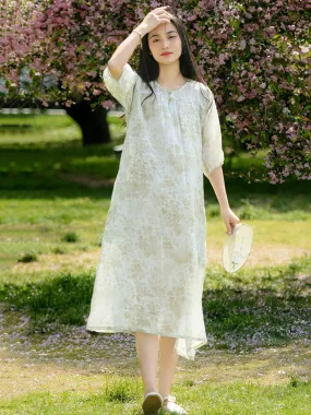 FLYTONN- Women Summer Artsy Flower Print Loose Ramie Dress OO1025