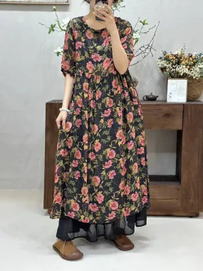 FLYTONN- Women Summer Artsy Flower Spliced O-Neck Ramie Dress WE1017