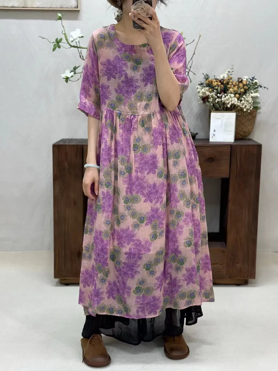 FLYTONN- Women Summer Artsy Flower Spliced O-Neck Ramie Dress WE1017