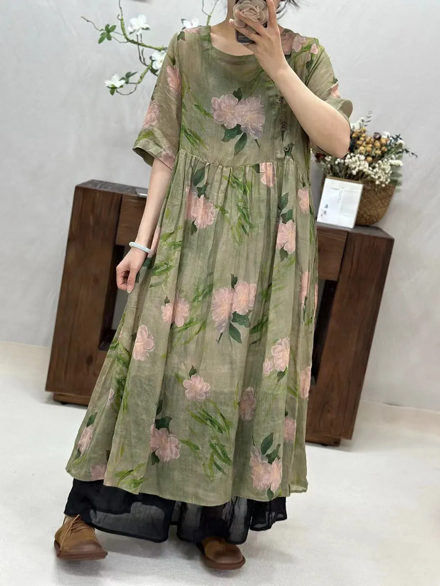 FLYTONN- Women Summer Artsy Flower Spliced O-Neck Ramie Dress WE1017
