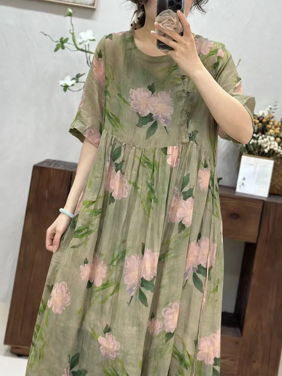 FLYTONN- Women Summer Artsy Flower Spliced O-Neck Ramie Dress WE1017