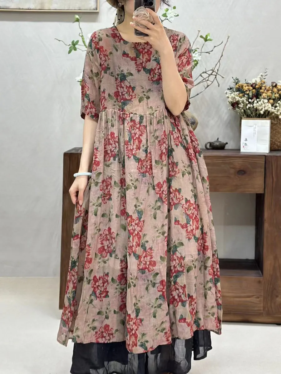 FLYTONN- Women Summer Artsy Flower Spliced O-Neck Ramie Dress WE1017
