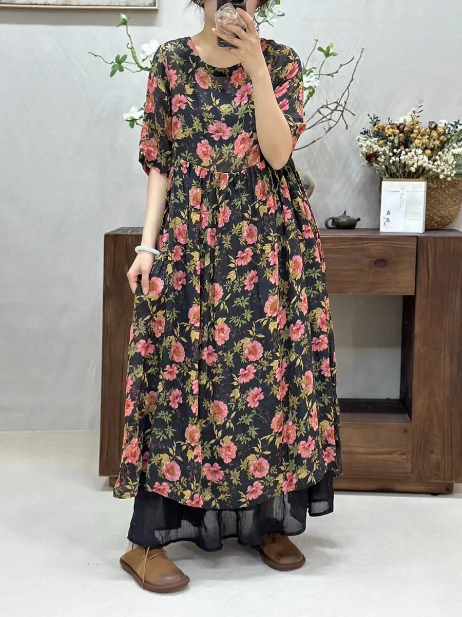 FLYTONN- Women Summer Artsy Flower Spliced O-Neck Ramie Dress WE1017