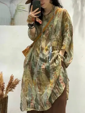 FLYTONN- Women Summer Artsy Flower Spliced Ramie Robe Dress IO1024