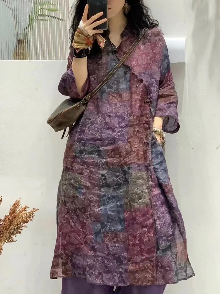 FLYTONN- Women Summer Artsy Flower Spliced Ramie Robe Dress IO1024