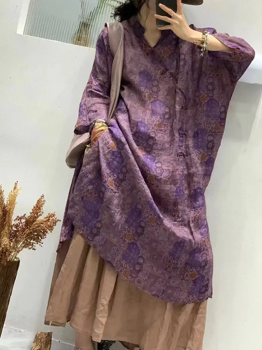 FLYTONN- Women Summer Artsy Flower Spliced Ramie Robe Dress IO1024