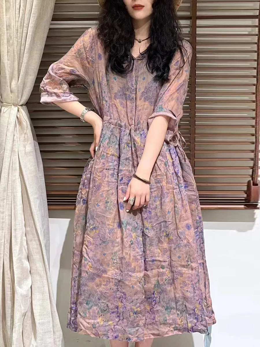 FLYTONN- Women Summer Artsy Flower Strap Waist Ramie Dress TY1002