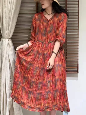 FLYTONN- Women Summer Artsy Flower Strap Waist Ramie Dress TY1002