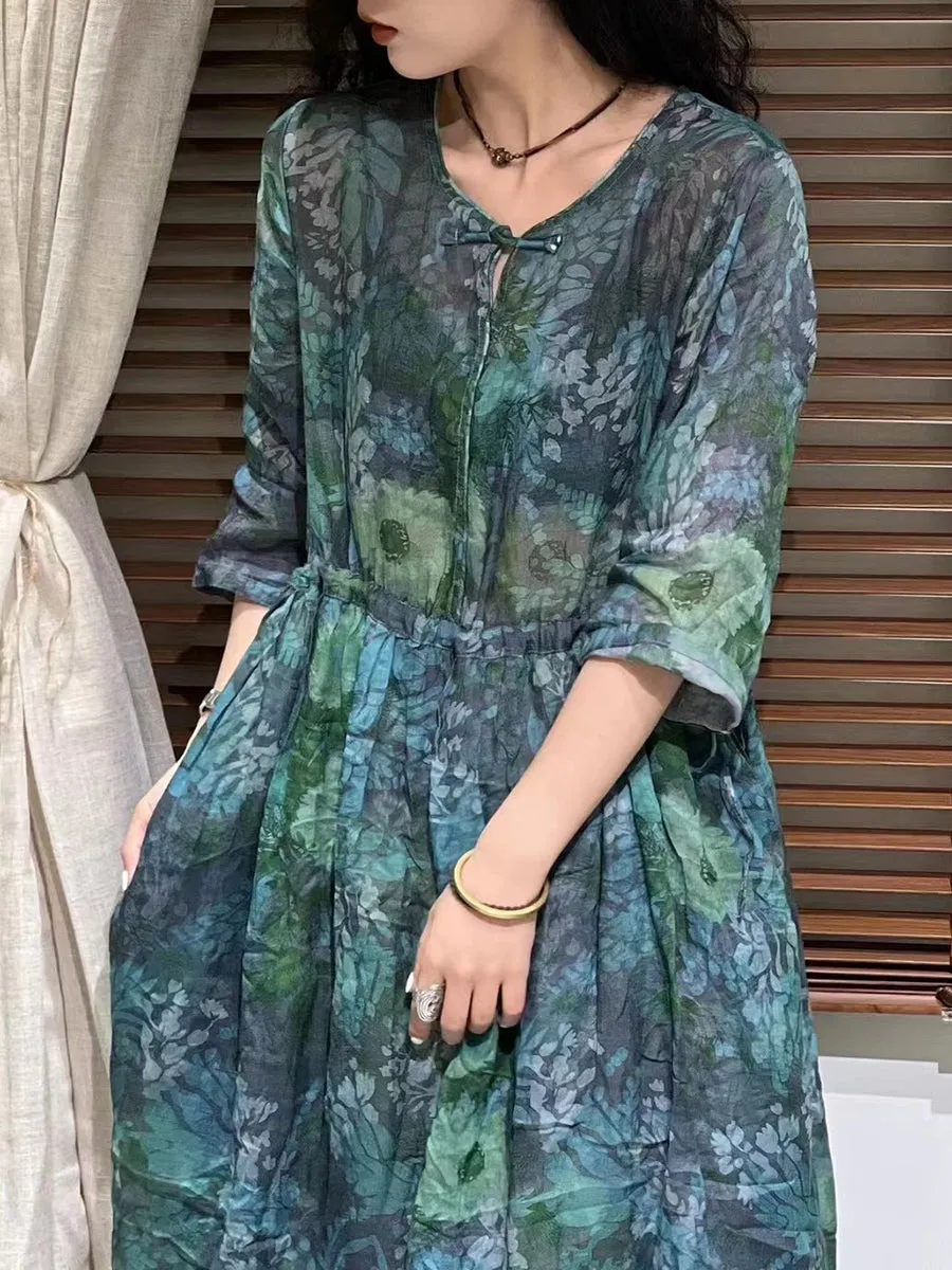 FLYTONN- Women Summer Artsy Flower Strap Waist Ramie Dress TY1002