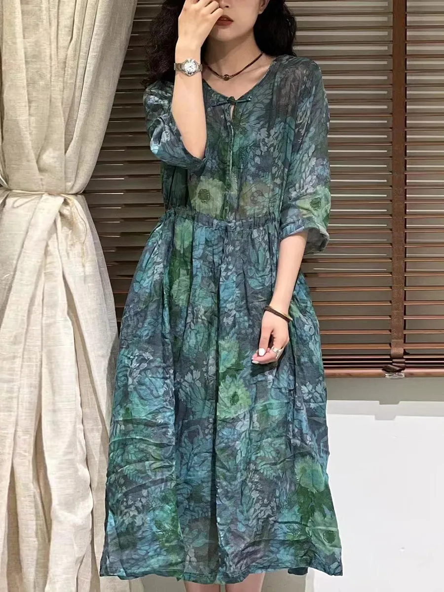 FLYTONN- Women Summer Artsy Flower Strap Waist Ramie Dress TY1002