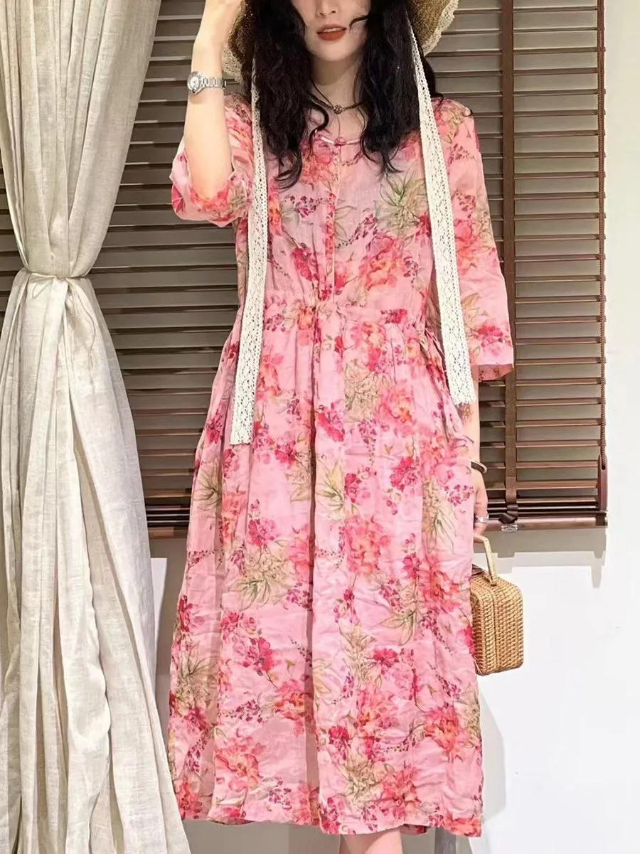 FLYTONN- Women Summer Artsy Flower Strap Waist Ramie Dress TY1002