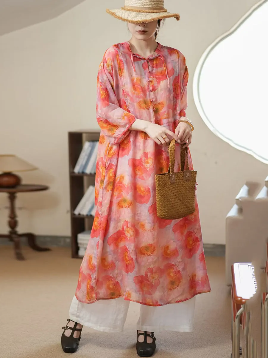 FLYTONN- Women Summer Artsy Flower Thin Ramie Dress II1006