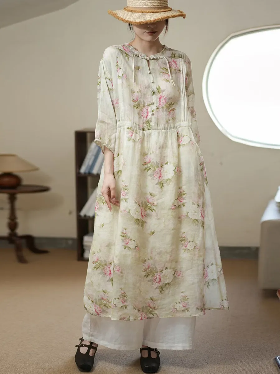 FLYTONN- Women Summer Artsy Flower Thin Ramie Dress II1006