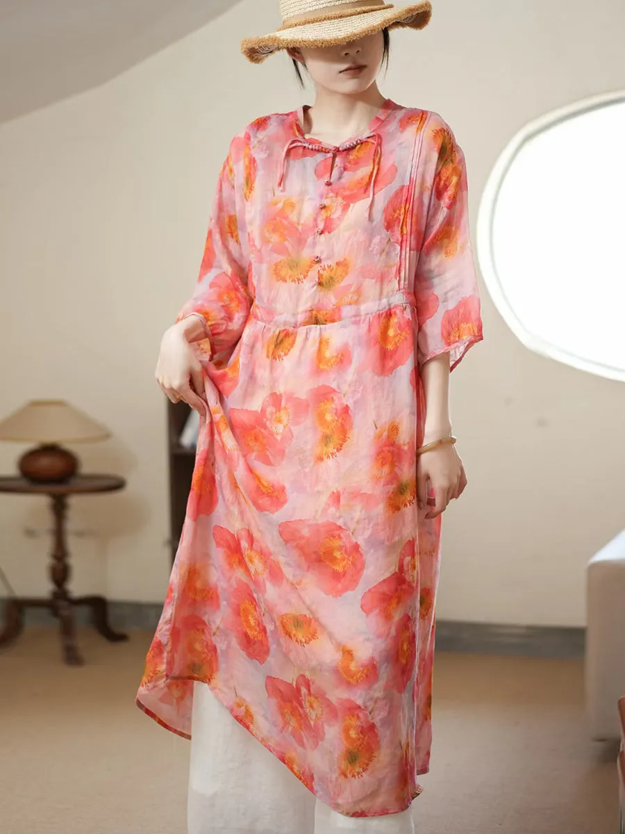 FLYTONN- Women Summer Artsy Flower Thin Ramie Dress II1006