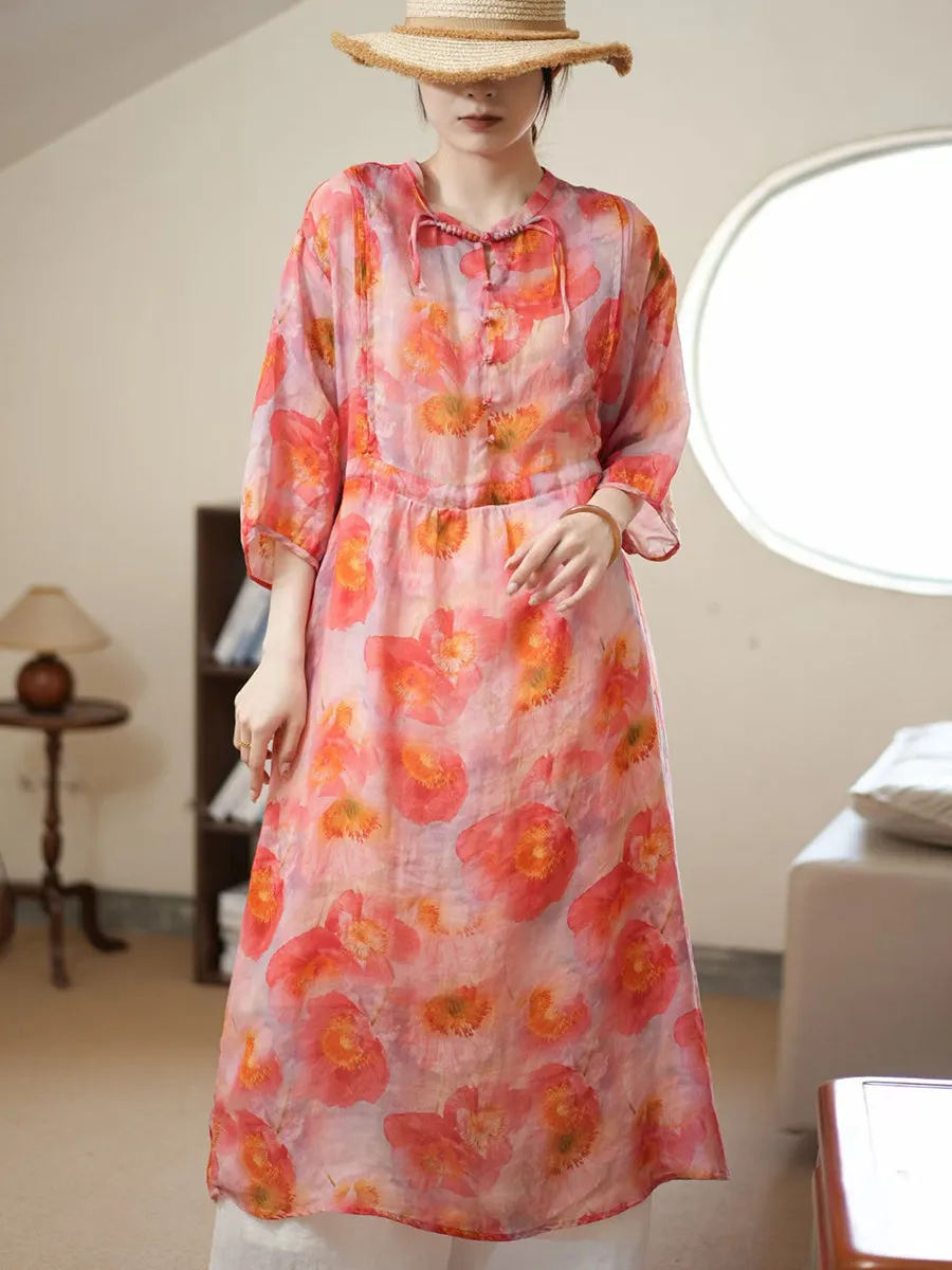 FLYTONN- Women Summer Artsy Flower Thin Ramie Dress II1006