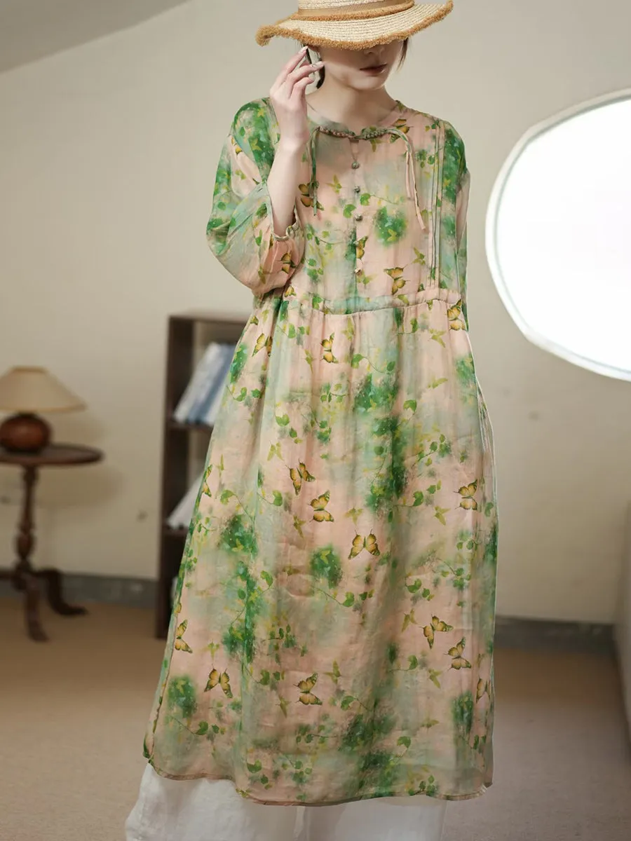 FLYTONN- Women Summer Artsy Flower Thin Ramie Dress II1006