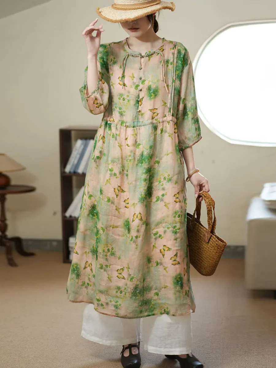 FLYTONN- Women Summer Artsy Flower Thin Ramie Dress II1006