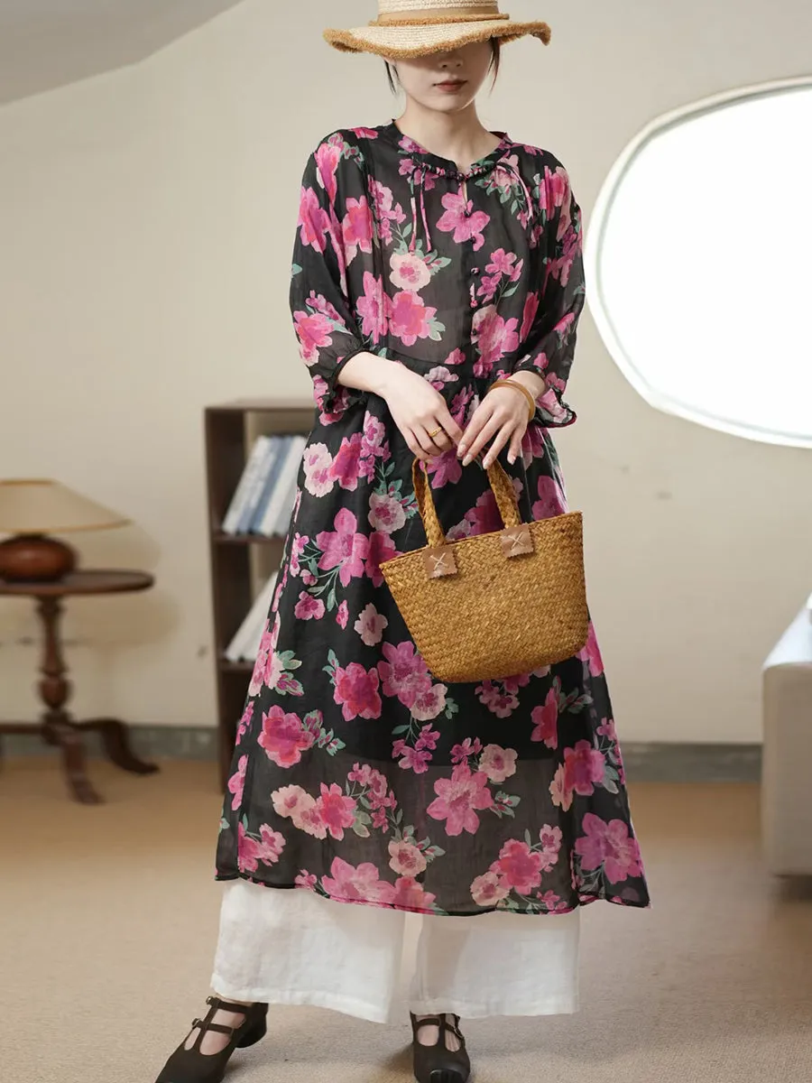 FLYTONN- Women Summer Artsy Flower Thin Ramie Dress II1006