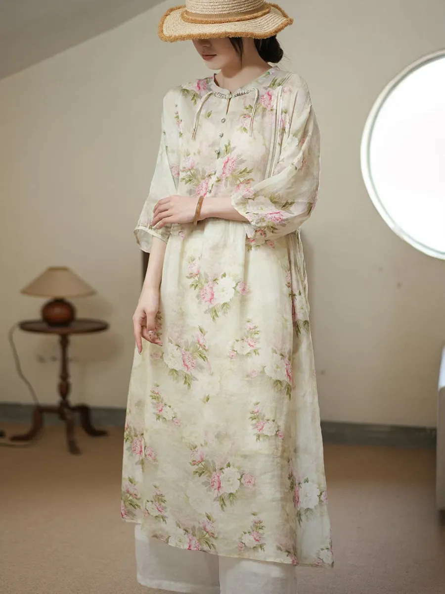 FLYTONN- Women Summer Artsy Flower Thin Ramie Dress II1006