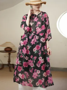 FLYTONN- Women Summer Artsy Flower Thin Ramie Dress II1006