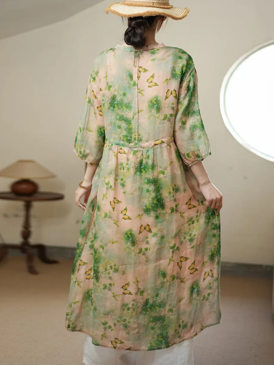 FLYTONN- Women Summer Artsy Flower Thin Ramie Dress II1006