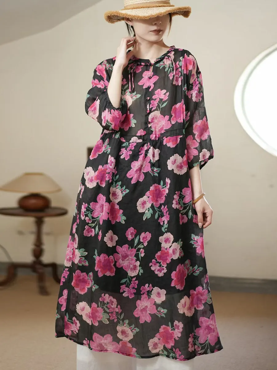 FLYTONN- Women Summer Artsy Flower Thin Ramie Dress II1006