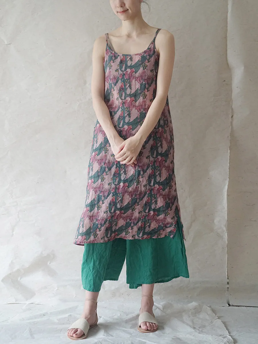 FLYTONN- Women Summer Artsy Print Thin Ramie Vest Dress HH050