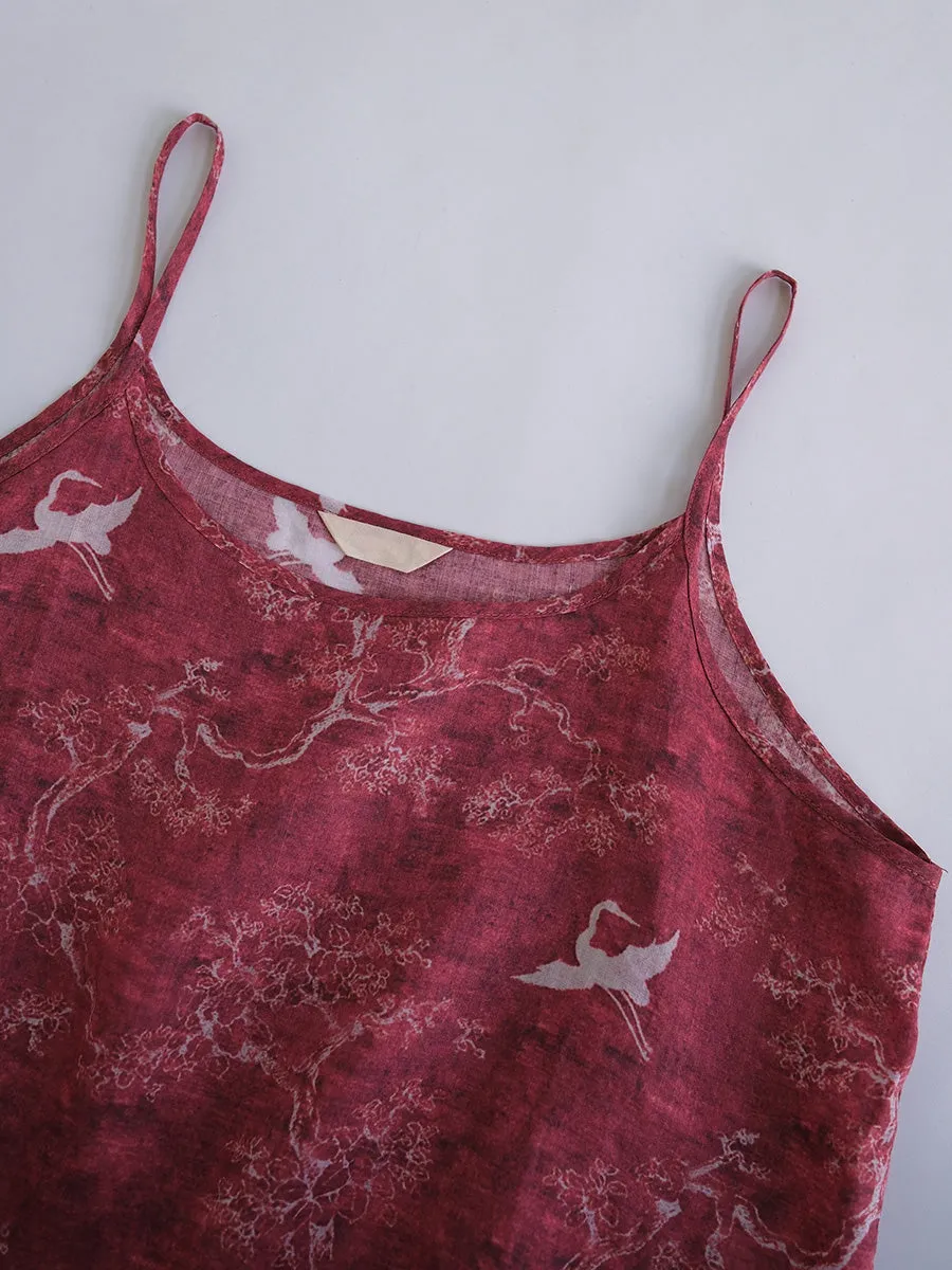 FLYTONN- Women Summer Artsy Print Thin Ramie Vest Dress HH050