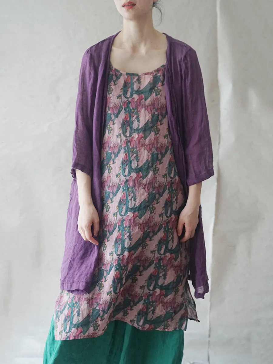 FLYTONN- Women Summer Artsy Print Thin Ramie Vest Dress HH050