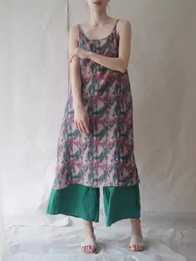 FLYTONN- Women Summer Artsy Print Thin Ramie Vest Dress HH050