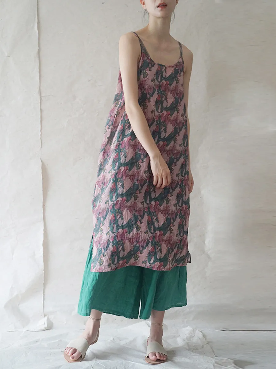 FLYTONN- Women Summer Artsy Print Thin Ramie Vest Dress HH050