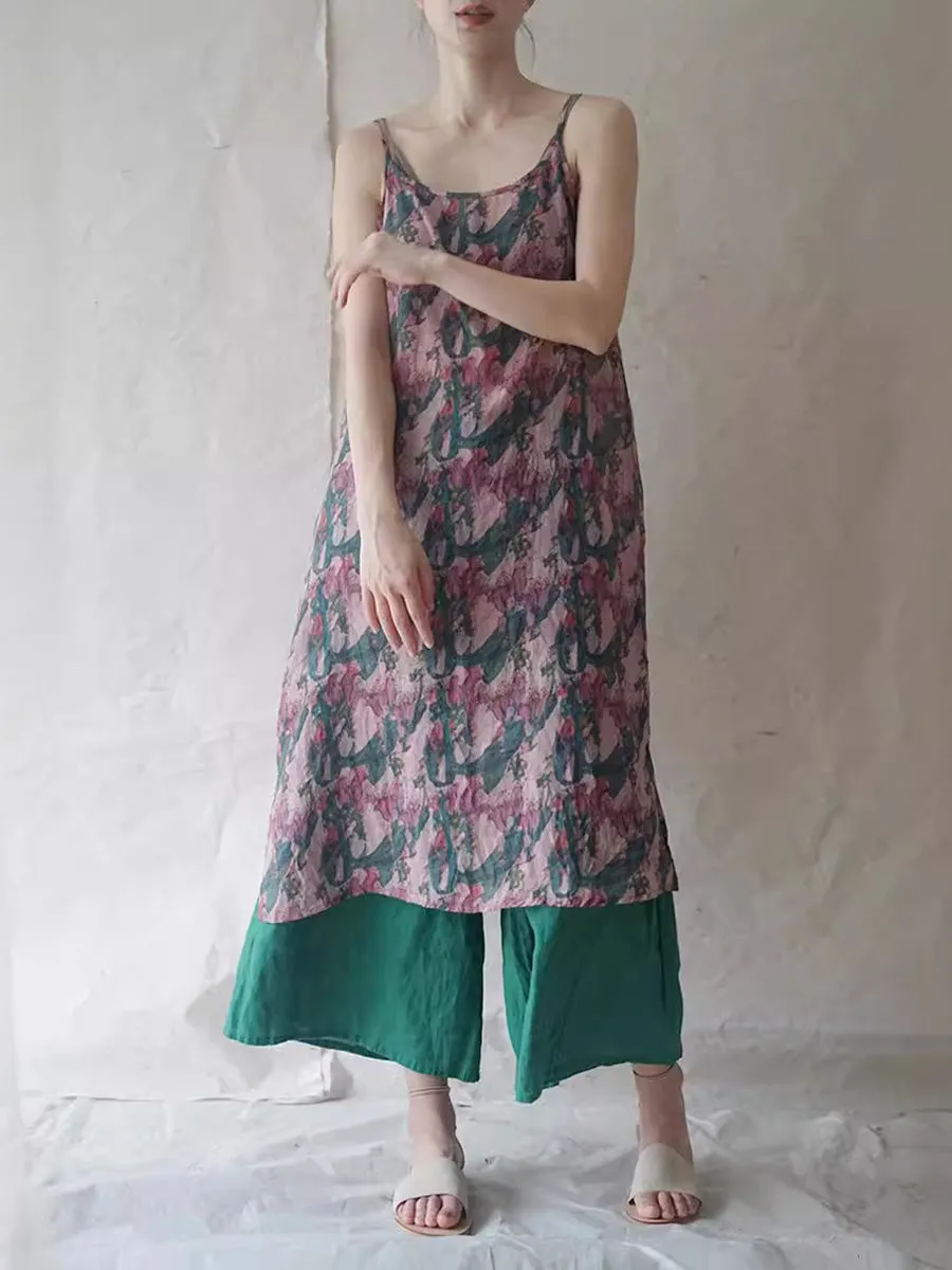 FLYTONN- Women Summer Artsy Print Thin Ramie Vest Dress HH050