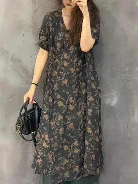 FLYTONN- Women Summer Casual Print Ramie Strap Dress UI1004